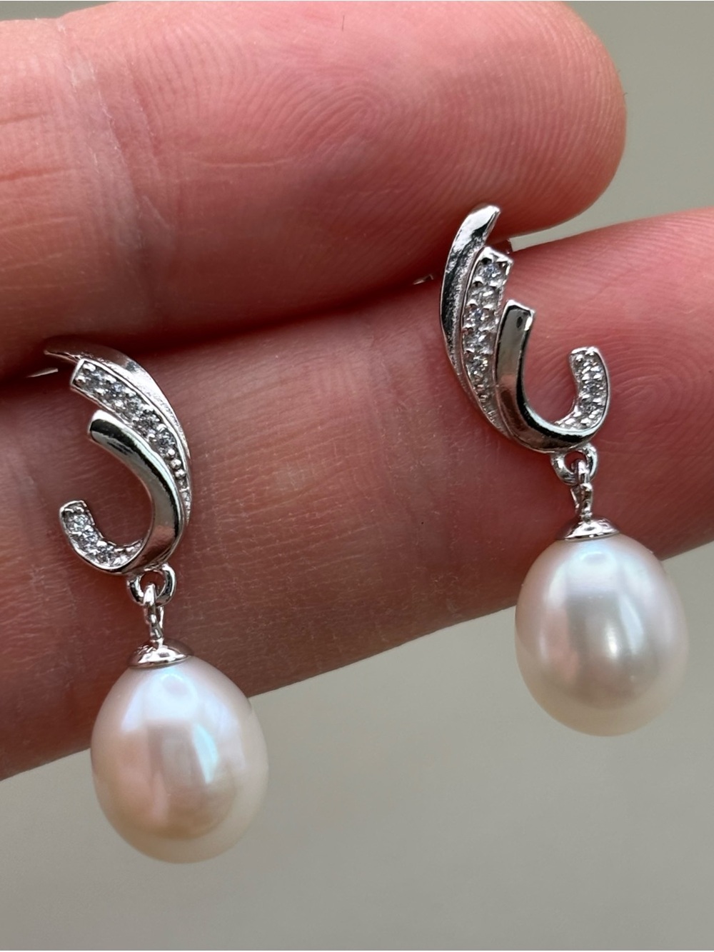 Classic Freshwater Pearl Drop Earrings with Crystal Accents - White